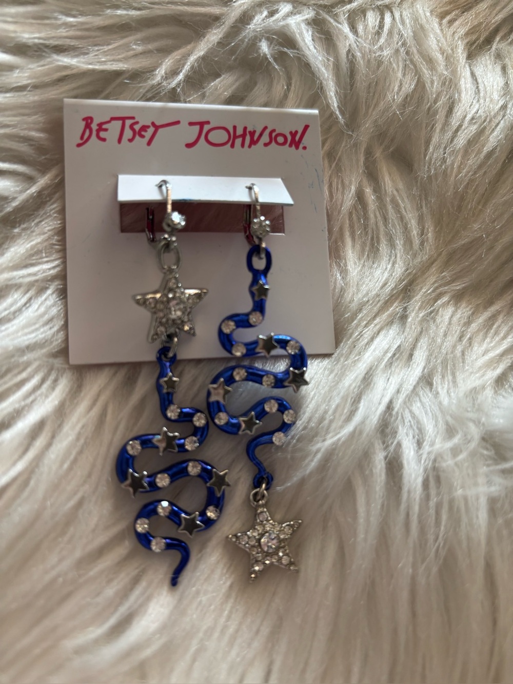 Betsey Johnson Blue Star & Rhinestone Snake Dangle Earrings
